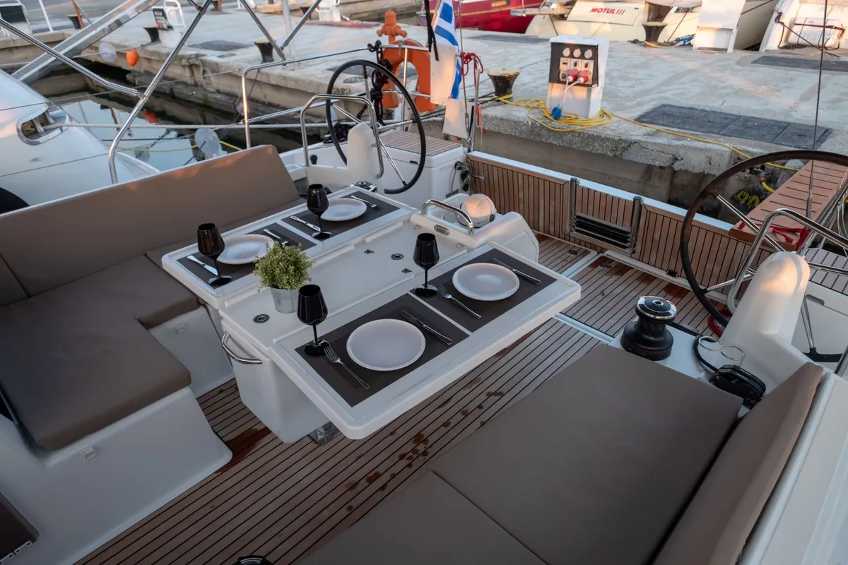 Deck of Loleta, a Jeanneau Sun Odyssey 440 sailboat at Municipal Unit of Lefkada, Greece