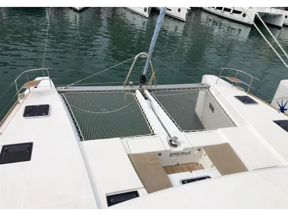 Deck of DELUXE, a Lagoon 52F catamaran at Sant Antoni de Portmany, Spain