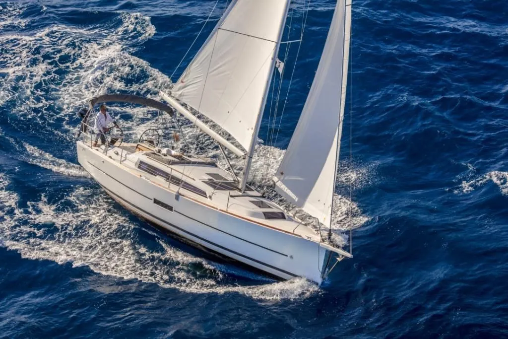 Exterior view of Alqamar, a Dufour 360 Grand Large sailboat at Cagliari, Italy