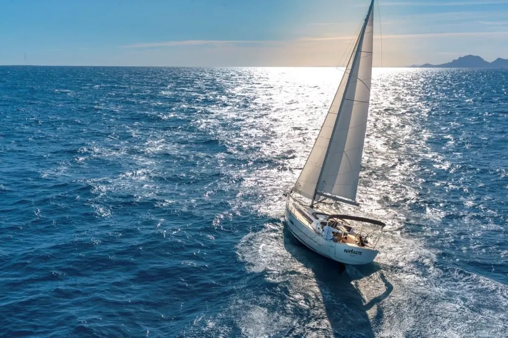 Exterior view of Alqamar, a Dufour 360 Grand Large sailboat at Cagliari, Italy