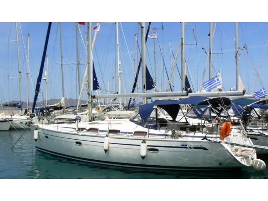Exterior view of Beta , a Bavaria 43 Cruiser sailboat at Municipal Unit of Lefkada, Greece