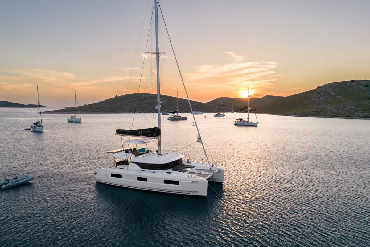 Exterior view of Mare Luna, a Lagoon 46 catamaran at Grad Šibenik, Croatia