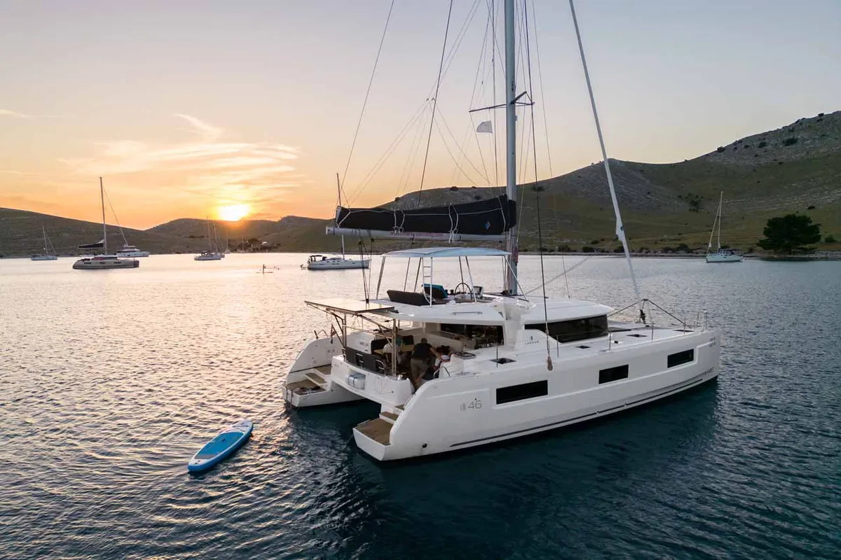 Exterior view of Mare Luna, a Lagoon 46 catamaran at Grad Šibenik, Croatia