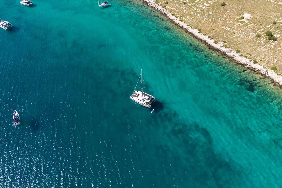 Exterior view of Mare Luna, a Lagoon 46 catamaran at Grad Šibenik, Croatia