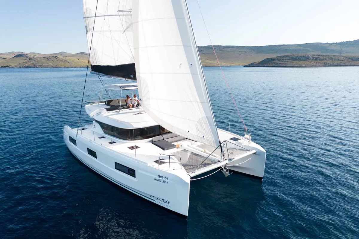 Exterior view of Mare Luna, a Lagoon 46 catamaran at Grad Šibenik, Croatia