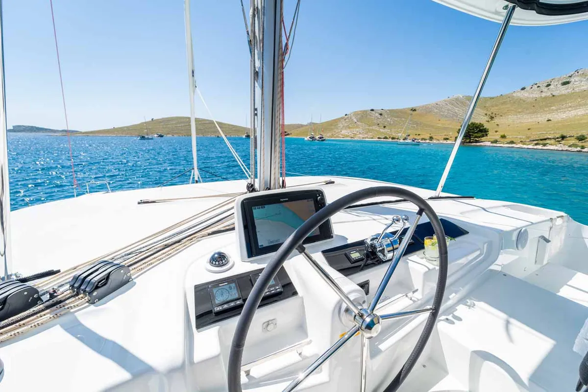 Cockpit of Mare Luna, a Lagoon 46 catamaran at Grad Šibenik, Croatia