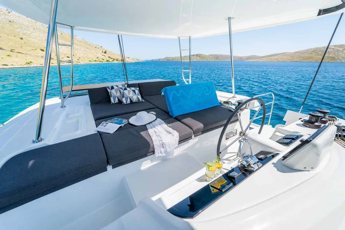 Deck of Mare Luna, a Lagoon 46 catamaran at Grad Šibenik, Croatia