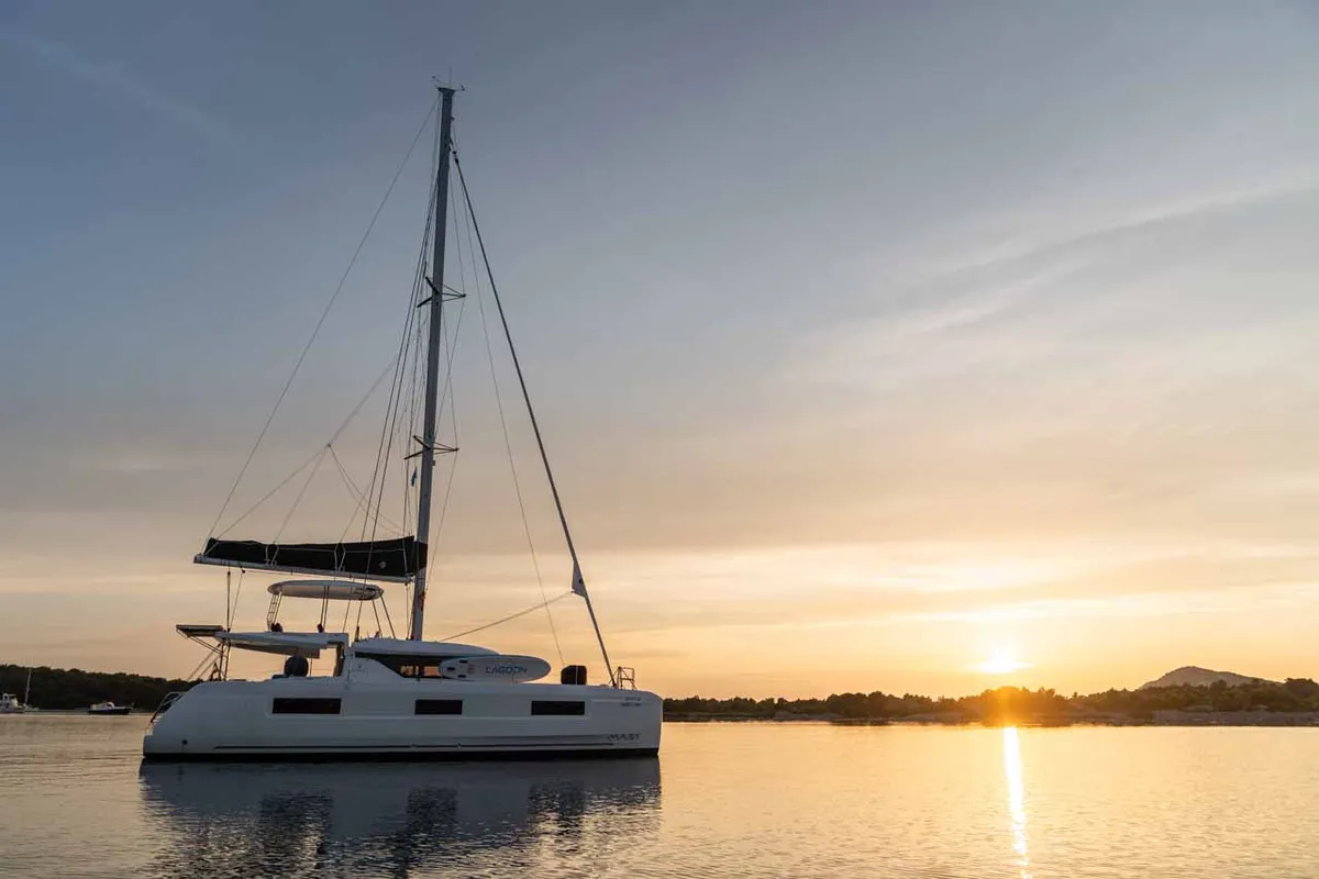 Exterior view of Mare Luna, a Lagoon 46 catamaran at Grad Šibenik, Croatia