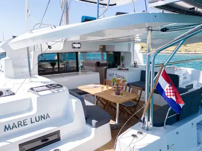 Deck of Mare Luna, a Lagoon 46 catamaran at Grad Šibenik, Croatia
