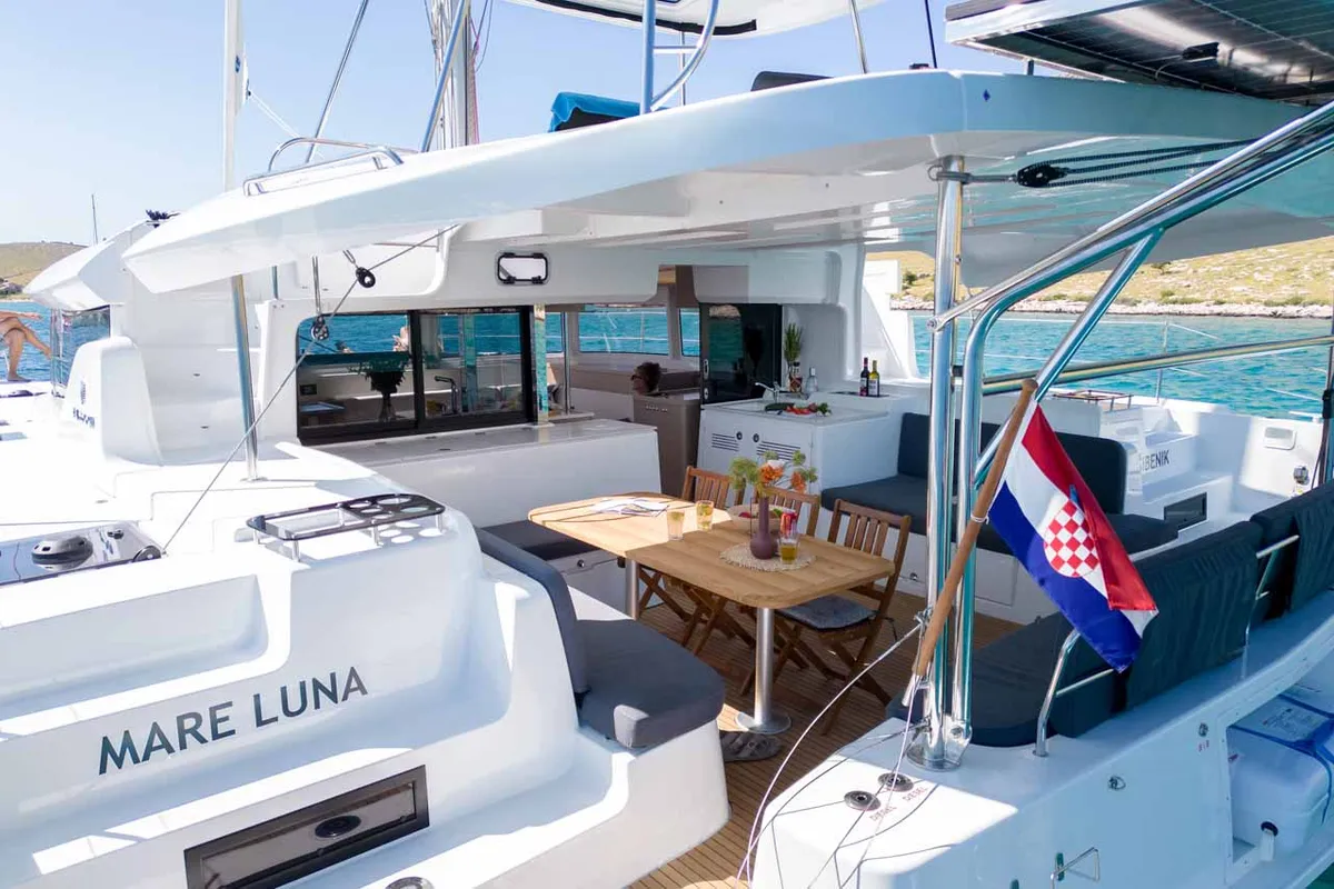 Deck of Mare Luna, a Lagoon 46 catamaran at Grad Šibenik, Croatia