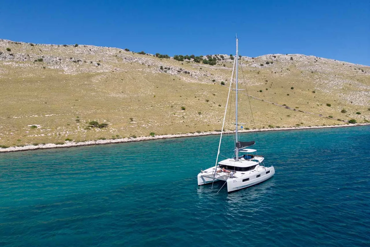 Exterior view of Mare Luna, a Lagoon 46 catamaran at Grad Šibenik, Croatia