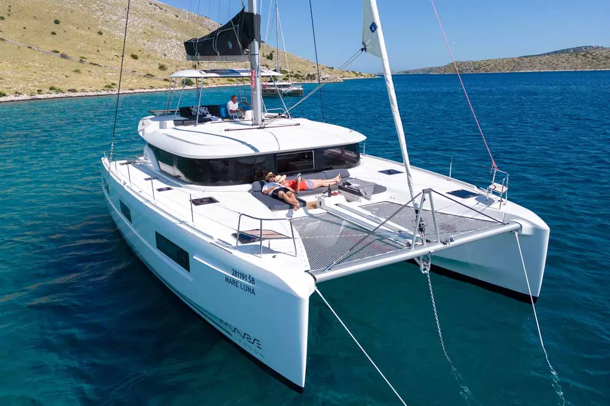 Exterior view of Mare Luna, a Lagoon 46 catamaran at Grad Šibenik, Croatia