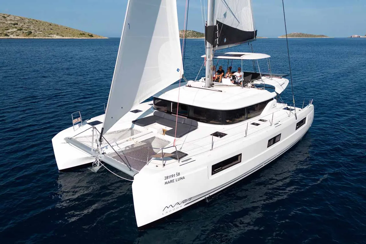 Exterior view of Mare Luna, a Lagoon 46 catamaran at Grad Šibenik, Croatia