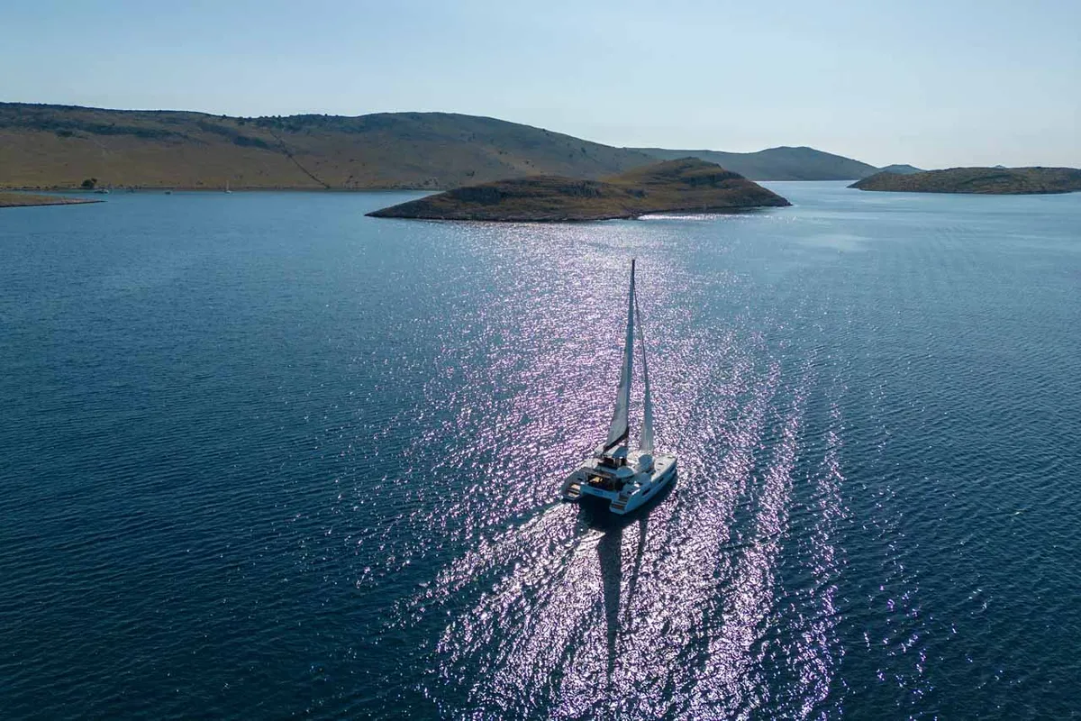 Exterior view of Mare Luna, a Lagoon 46 catamaran at Grad Šibenik, Croatia