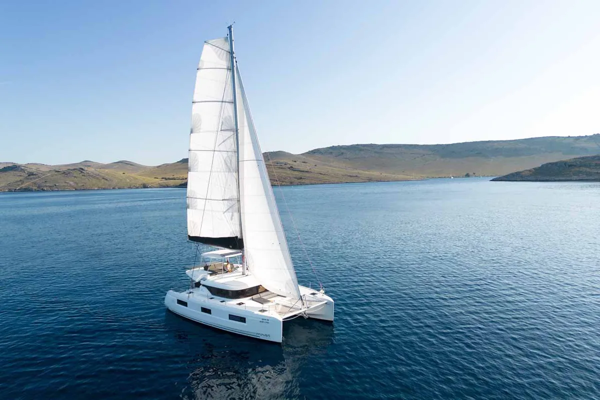 Exterior view of Mare Luna, a Lagoon 46 catamaran at Grad Šibenik, Croatia