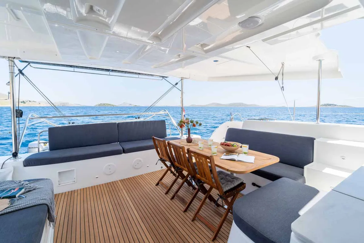 Deck of Mare Luna, a Lagoon 46 catamaran at Grad Šibenik, Croatia