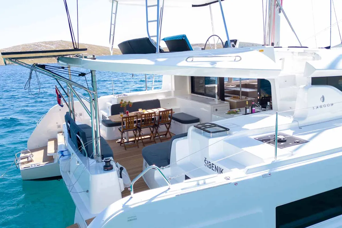 Cockpit of Mare Luna, a Lagoon 46 catamaran at Grad Šibenik, Croatia