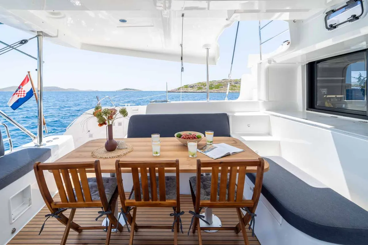 Deck of Mare Luna, a Lagoon 46 catamaran at Grad Šibenik, Croatia