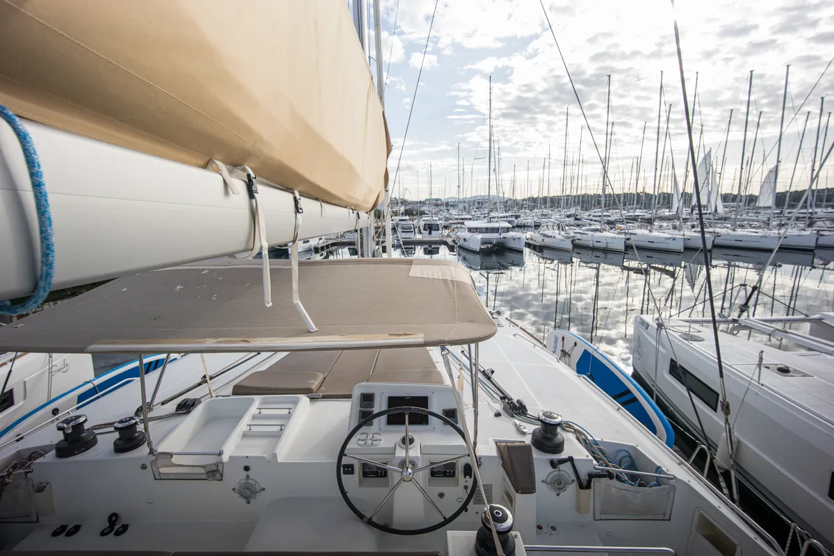 Cockpit of MAJESTIC, a Lagoon 450 catamaran at Grad Šibenik, Croatia