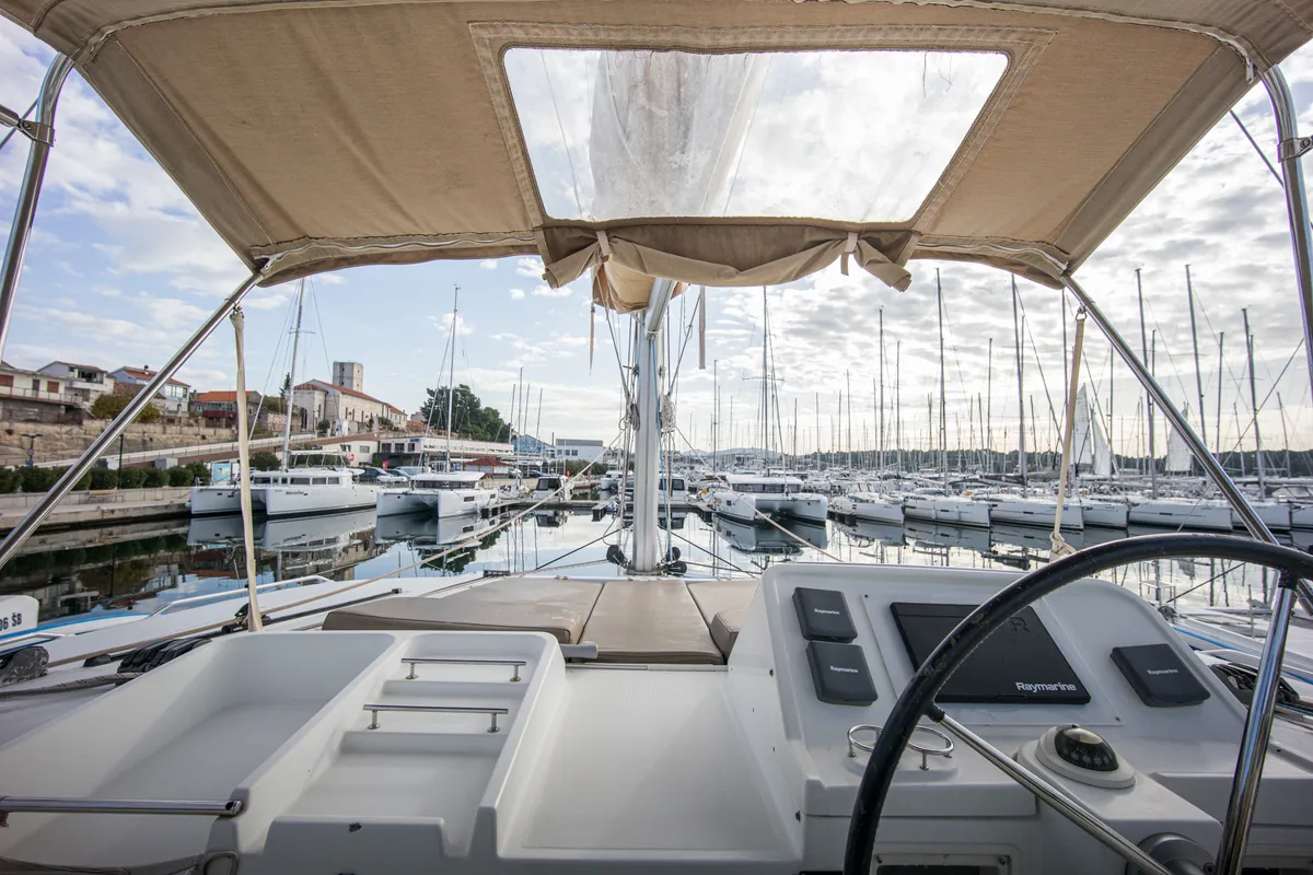 Cockpit of MAJESTIC, a Lagoon 450 catamaran at Grad Šibenik, Croatia