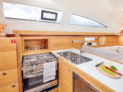 Galley of Top Secret, a Elan Impression 40.1 sailboat at Pula, Croatia