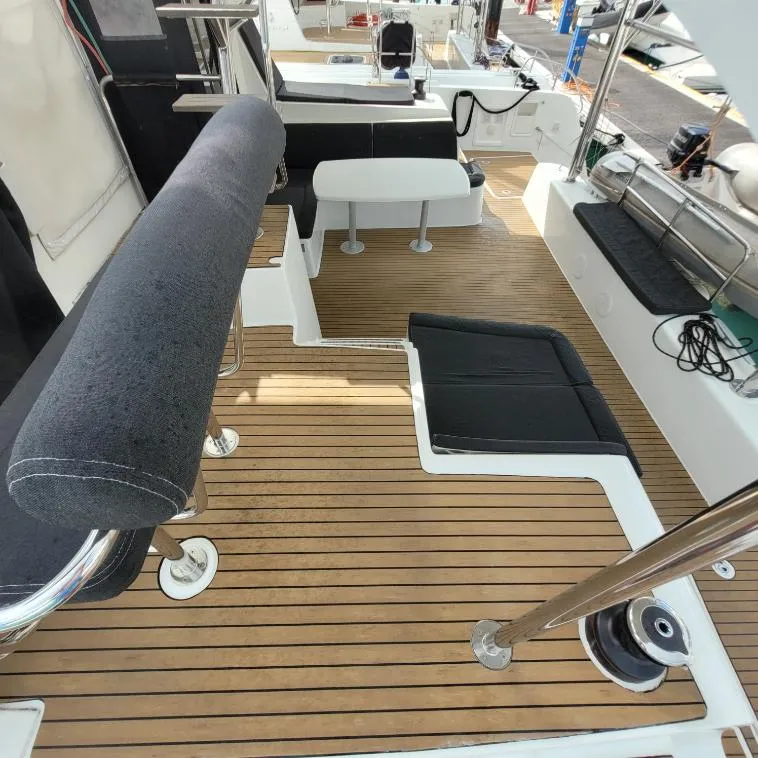 Deck of Best Q, a Lagoon 42 catamaran at Roche Caiman, Seychelles