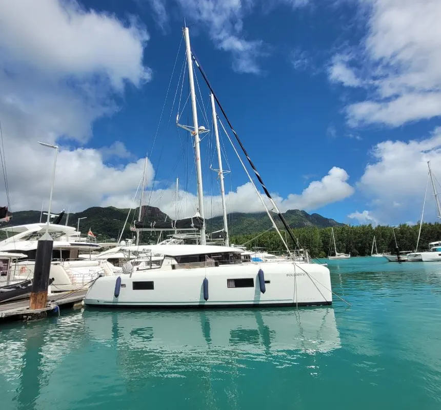 Exterior view of Best Q, a Lagoon 42 catamaran at Roche Caiman, Seychelles