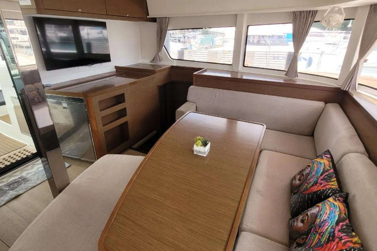 Salon of Best Q, a Lagoon 42 catamaran at Roche Caiman, Seychelles