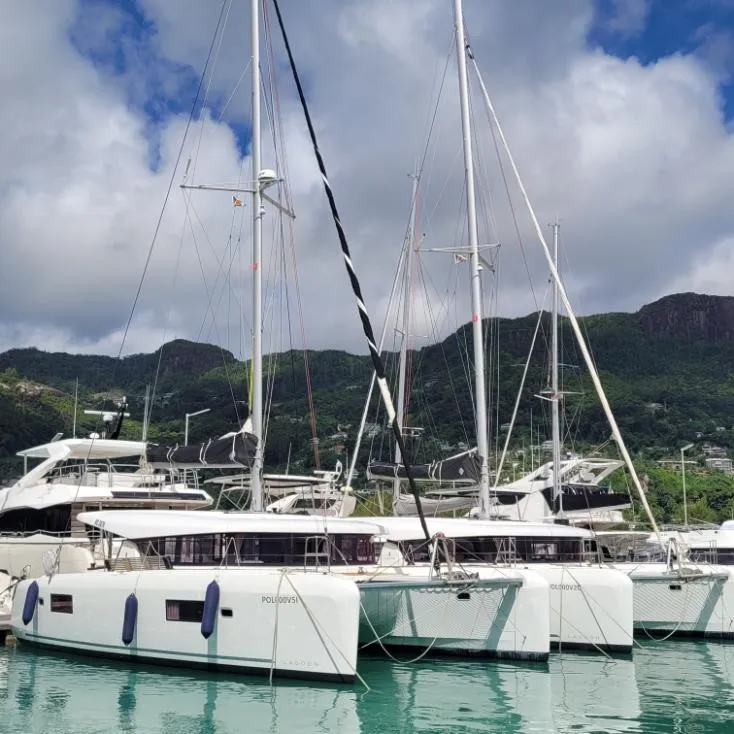 Exterior view of Best Q, a Lagoon 42 catamaran at Roche Caiman, Seychelles