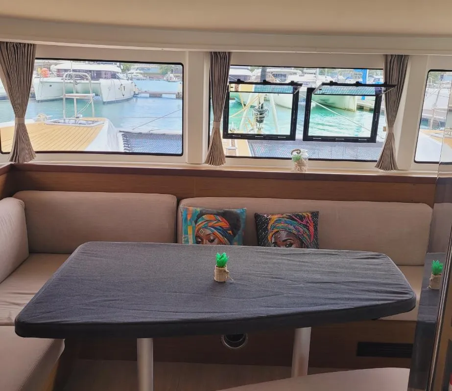 Salon of Best Q, a Lagoon 42 catamaran at Roche Caiman, Seychelles