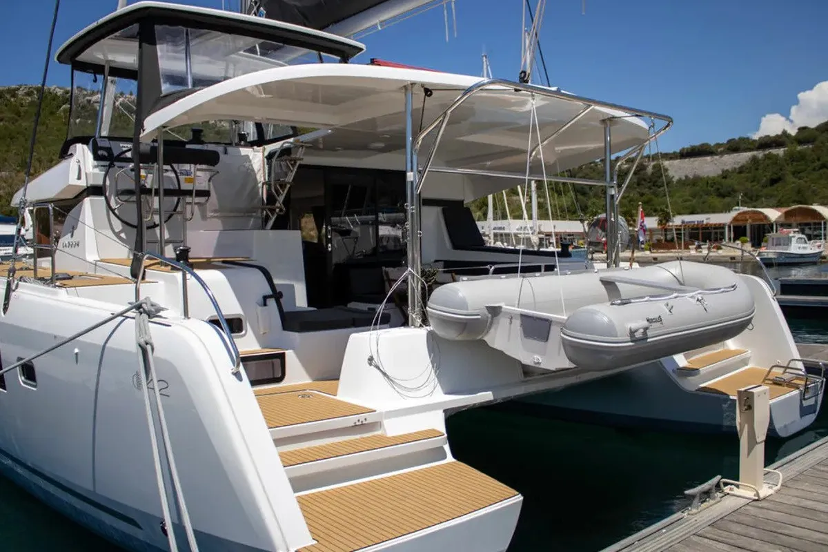 Exterior view of Best Q, a Lagoon 42 catamaran at Roche Caiman, Seychelles