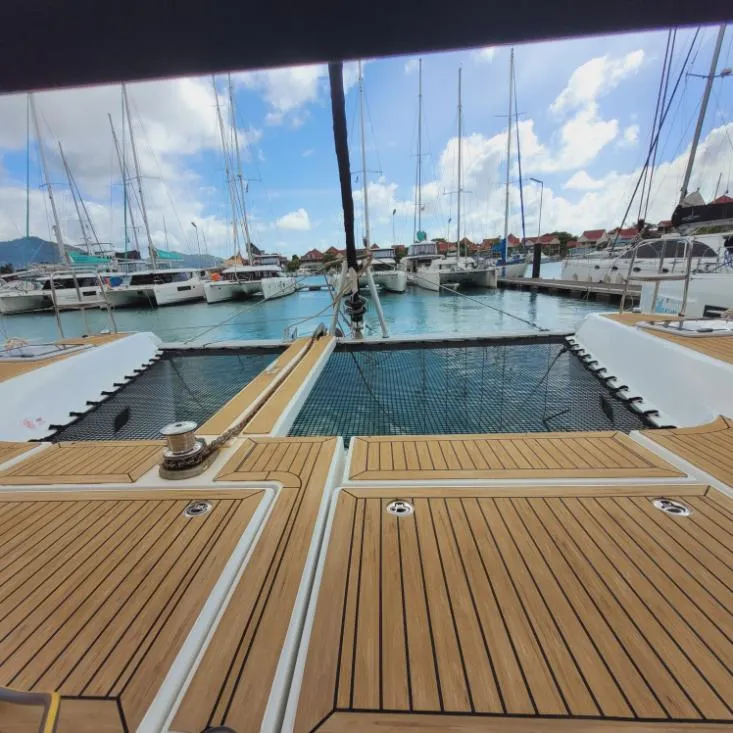Deck of Best Q, a Lagoon 42 catamaran at Roche Caiman, Seychelles