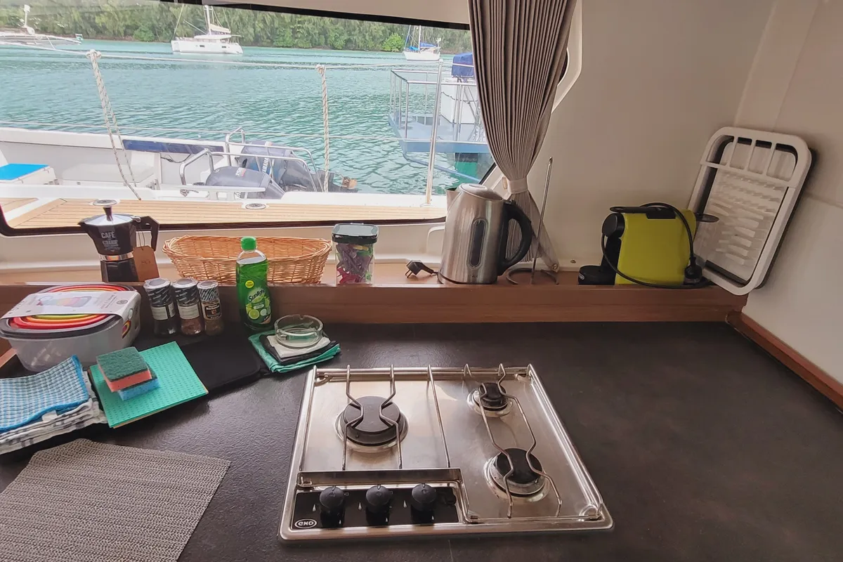 Galley of Best Q, a Lagoon 42 catamaran at Roche Caiman, Seychelles
