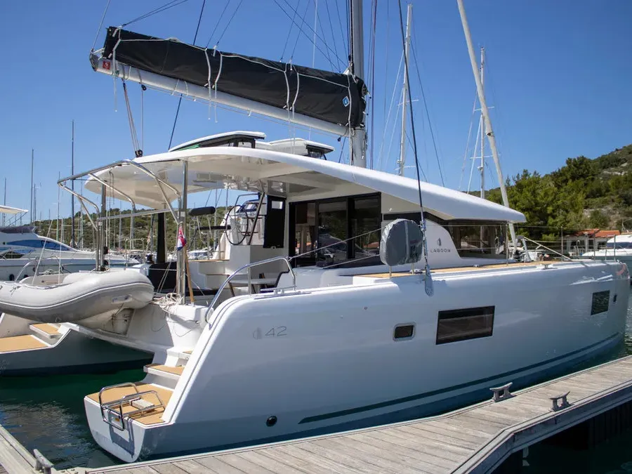 Exterior view of Best Q, a Lagoon 42 catamaran at Roche Caiman, Seychelles