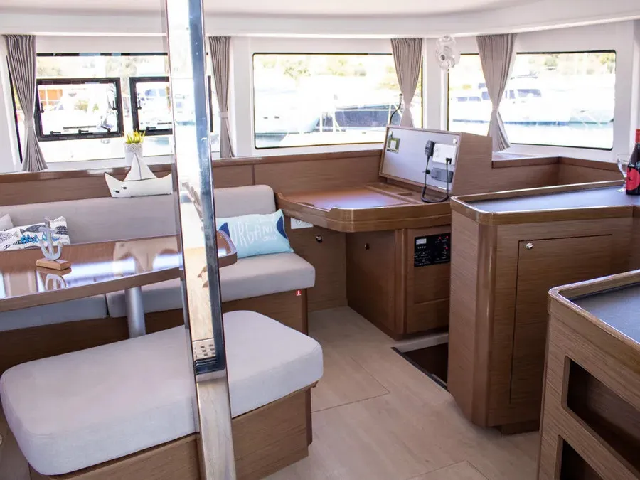 Salon of Best Q, a Lagoon 42 catamaran at Roche Caiman, Seychelles