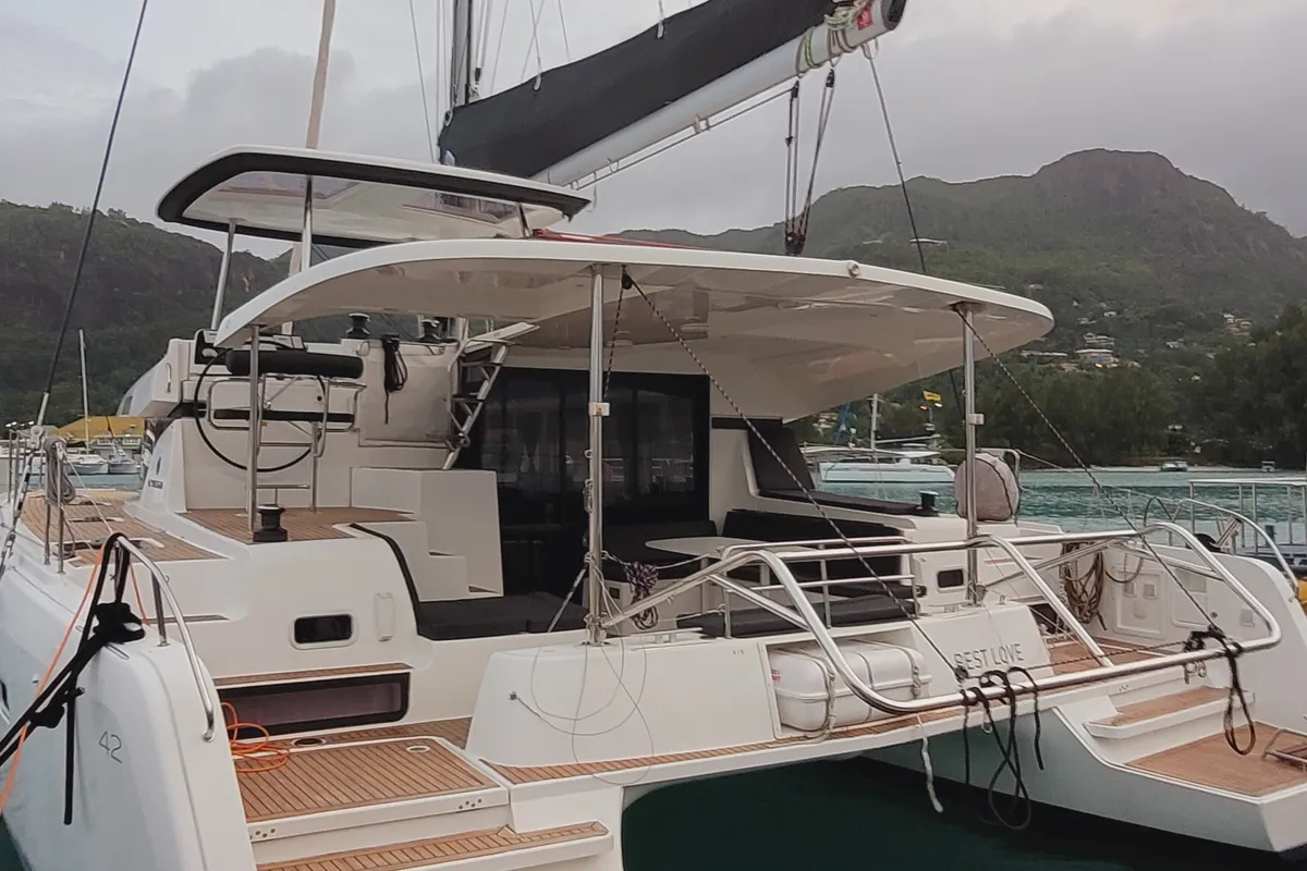 Exterior view of Best Q, a Lagoon 42 catamaran at Roche Caiman, Seychelles