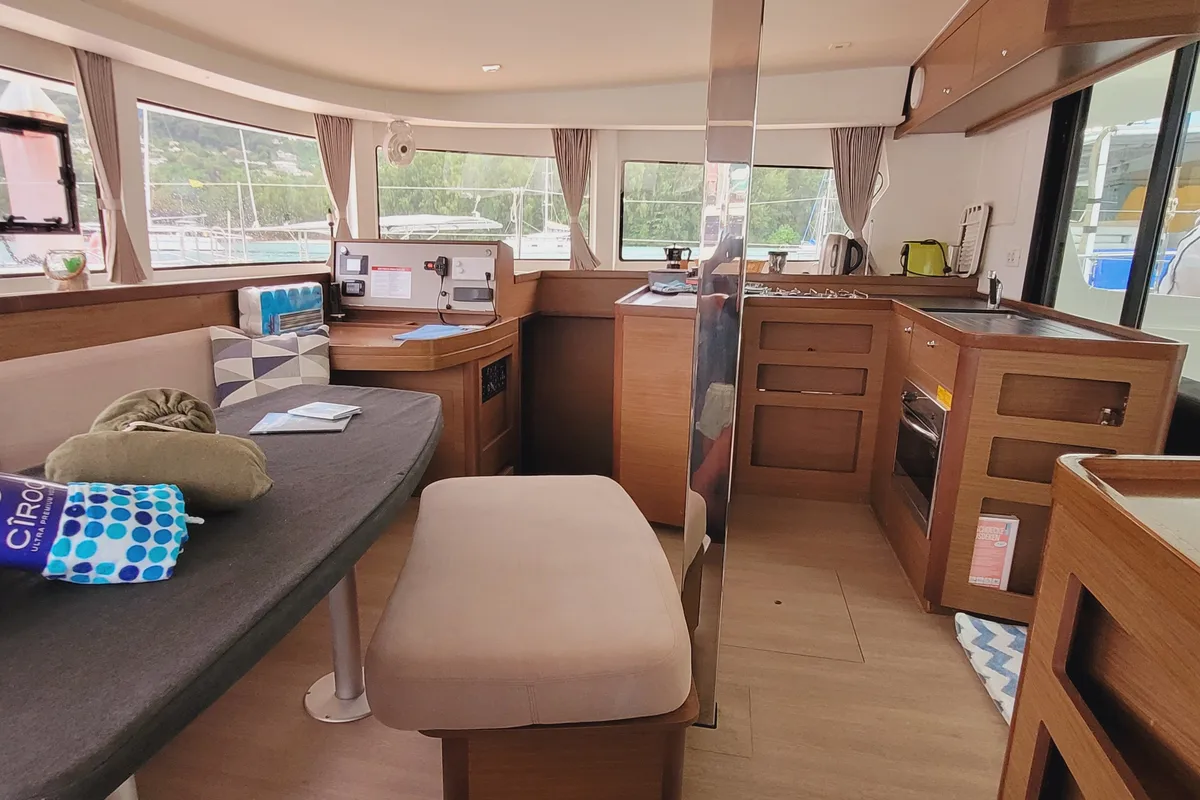Salon of Best Q, a Lagoon 42 catamaran at Roche Caiman, Seychelles