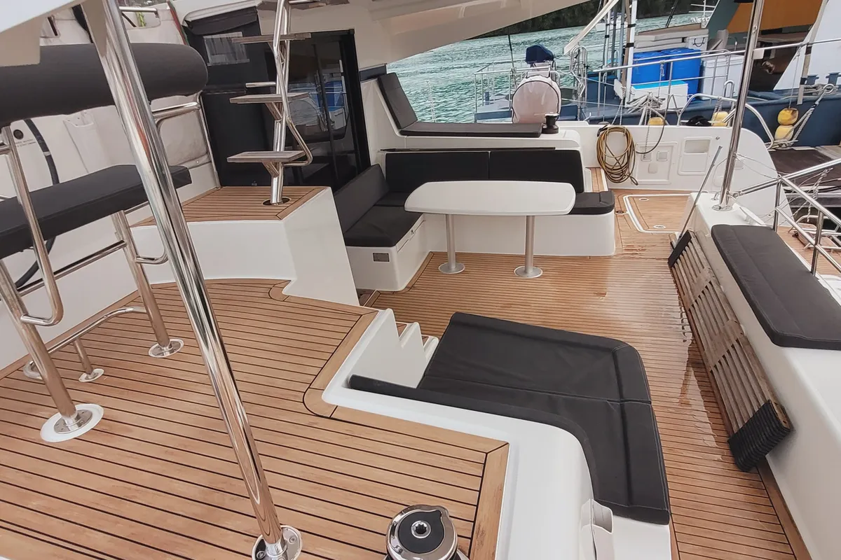 Deck of Best Q, a Lagoon 42 catamaran at Roche Caiman, Seychelles