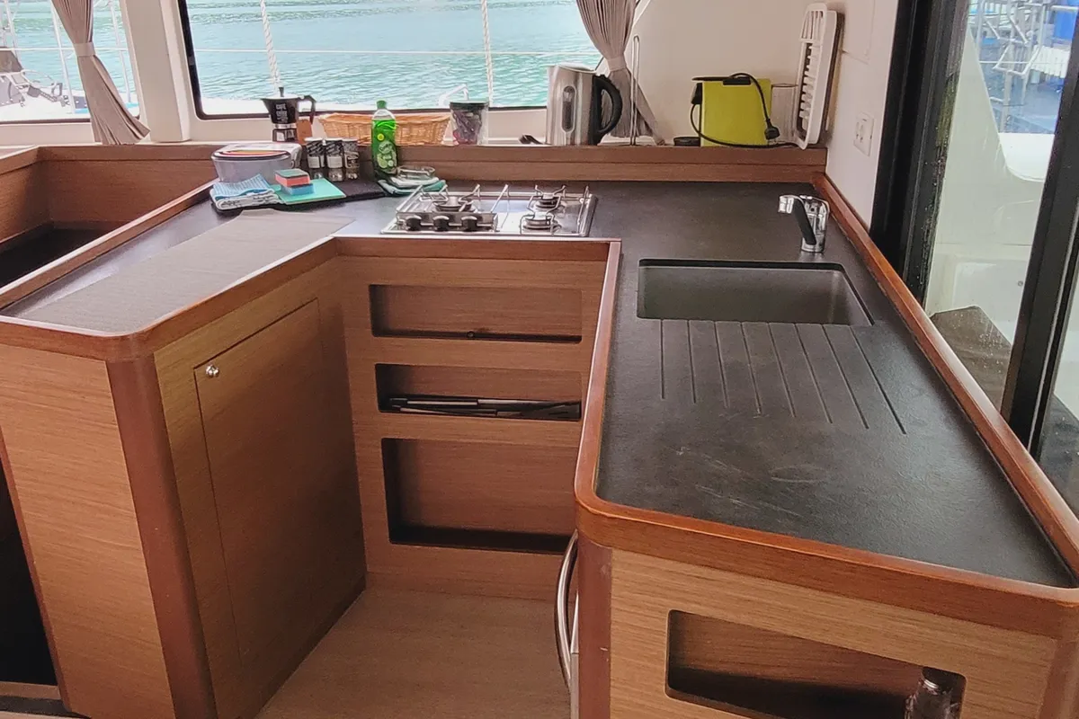 Galley of Best Q, a Lagoon 42 catamaran at Roche Caiman, Seychelles