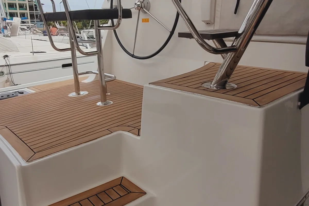 Cockpit of Best Q, a Lagoon 42 catamaran at Roche Caiman, Seychelles