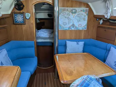 Salon of Panoramix, a Jeanneau Sun Odyssey 37 sailboat at Kontokali, Greece