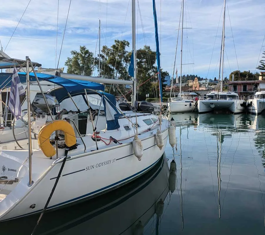 Exterior view of Panoramix, a Jeanneau Sun Odyssey 37 sailboat at Kontokali, Greece