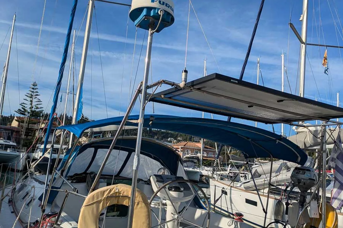 Deck of Panoramix, a Jeanneau Sun Odyssey 37 sailboat at Kontokali, Greece
