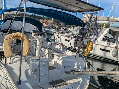 Cockpit of Panoramix, a Jeanneau Sun Odyssey 37 sailboat at Kontokali, Greece