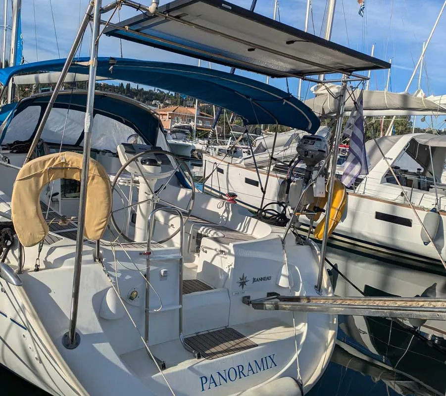 Cockpit of Panoramix, a Jeanneau Sun Odyssey 37 sailboat at Kontokali, Greece