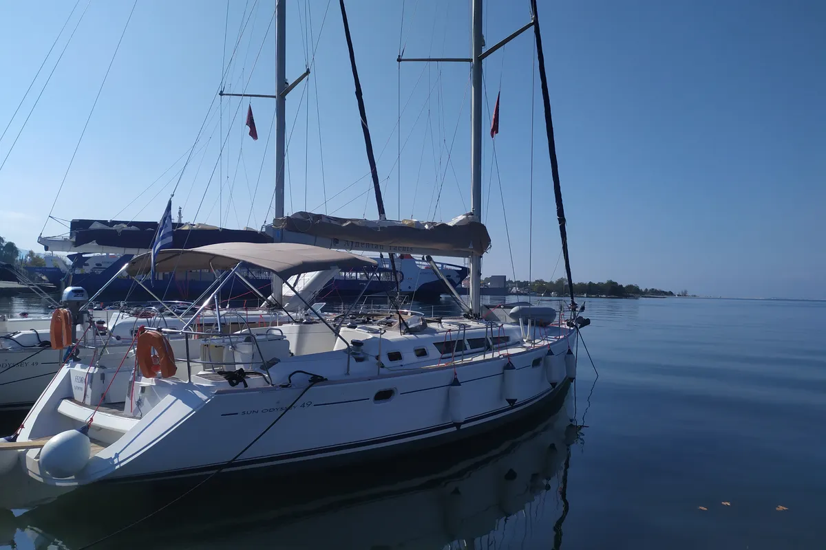 Exterior view of Lito, a Jeanneau Sun Odyssey 49 sailboat at Keramoti, Greece