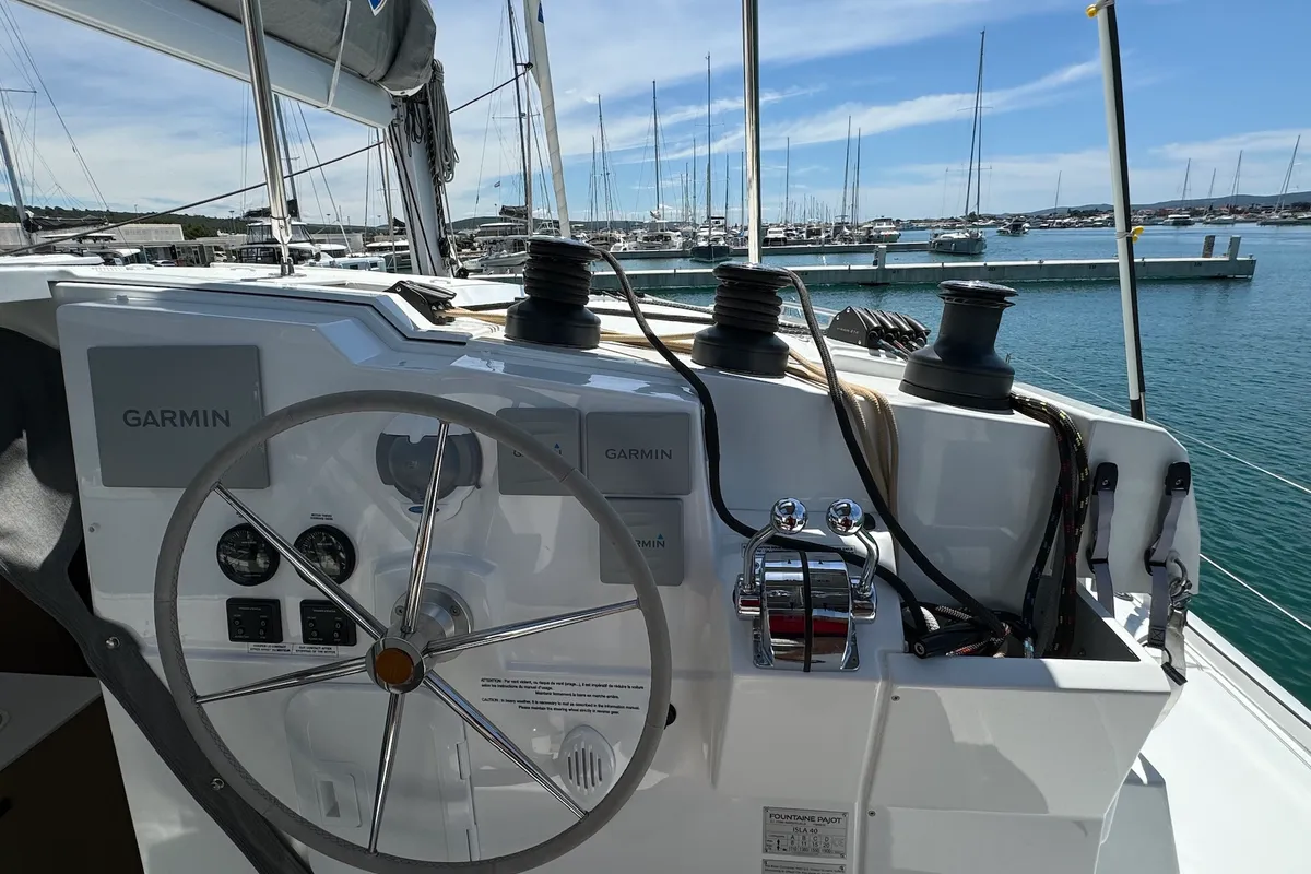 Cockpit of Bonita, a Fountaine Pajot Isla 40 catamaran at Općina Sukošan, Croatia