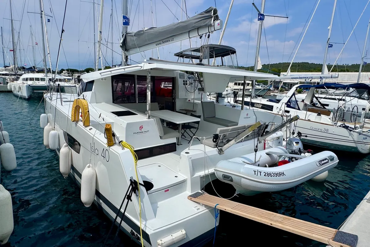 Exterior view of Bonita, a Fountaine Pajot Isla 40 catamaran at Općina Sukošan, Croatia