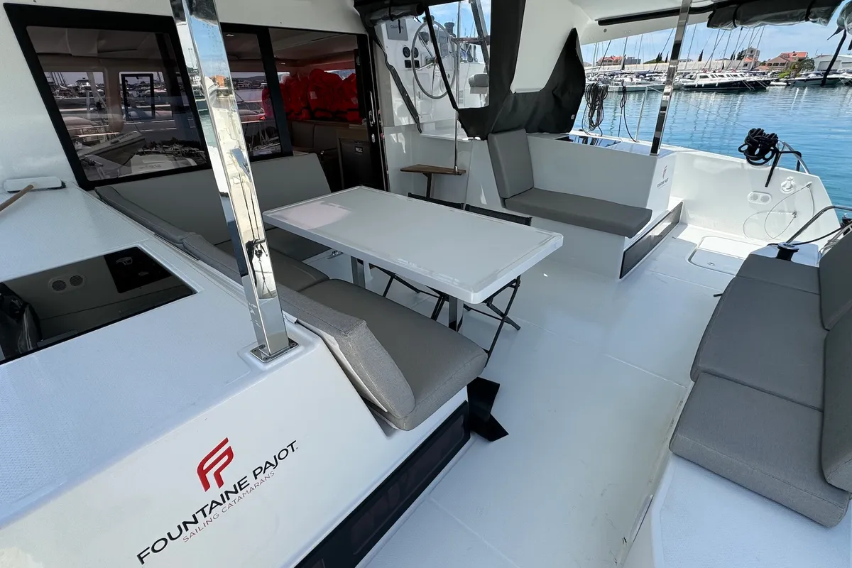 Deck of Bonita, a Fountaine Pajot Isla 40 catamaran at Općina Sukošan, Croatia