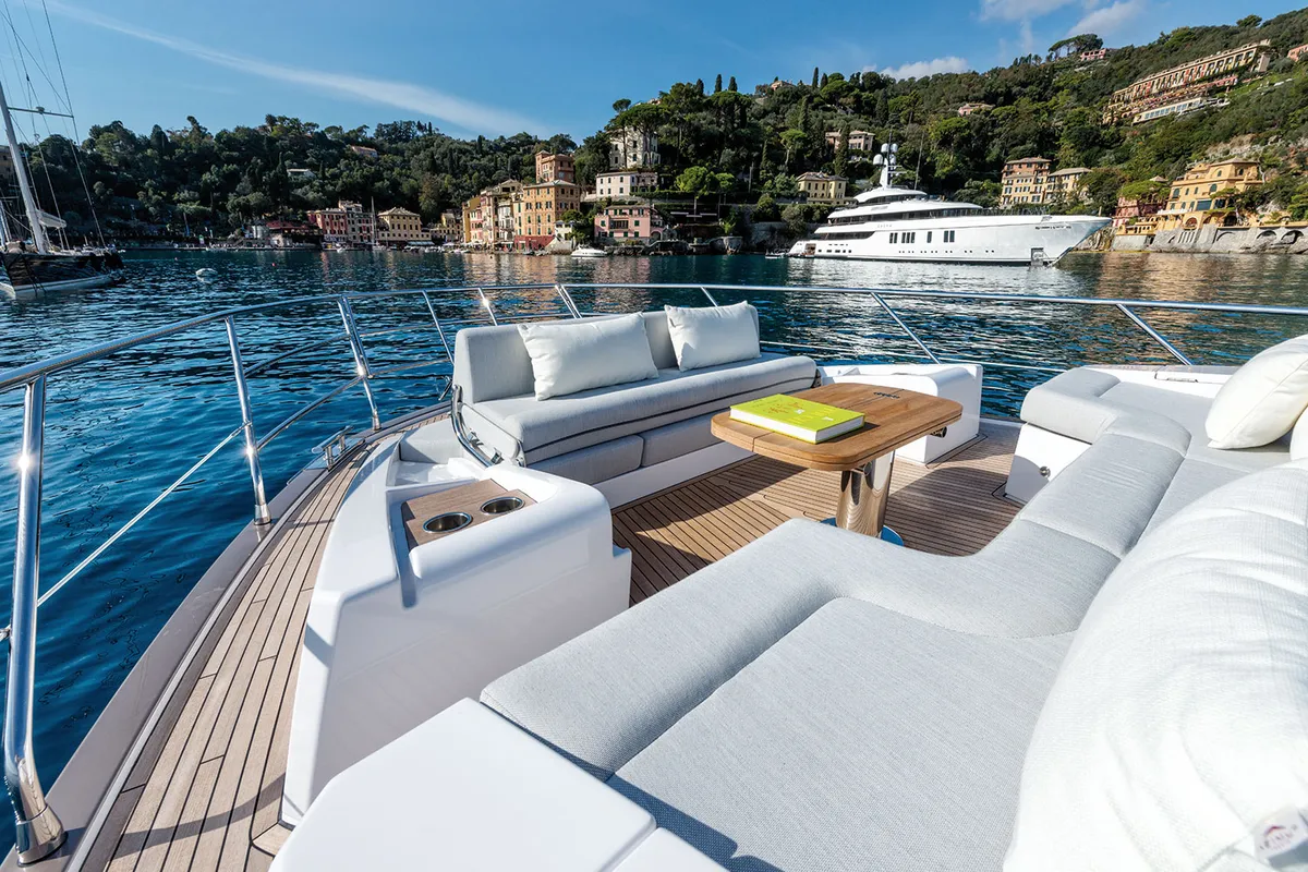 Deck of ALUMINIA, a Azimut 60 motorboat at Grad Kaštela, Croatia
